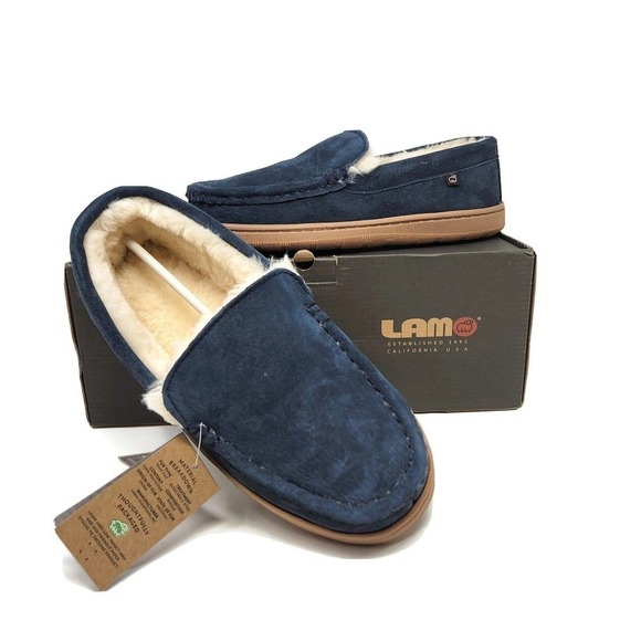 Lamo Harrison Moc Men's Moccasin Slipper Luxury suede - Navy, 8 New - Picture 1 of 10